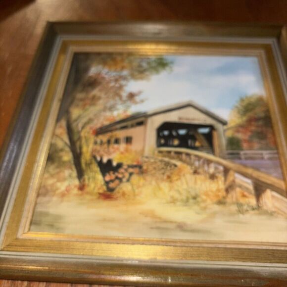 Framed Ceramic? Art Bissell Covered Bridge Charlemont Massachusetts New England - Picture 3 of 7